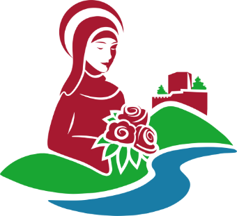 Eine Frau mit Rosen in der Hand vor einer Landschaft mit Burg im Hintergrund